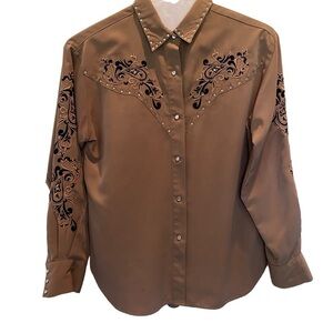 RODS Western Show Shirt women's Medium embroidered rhinestones Brown fancy snaps
